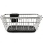Amazon Brand – Solimo 3-in-1 | Large Stainless Steel Dish Rack with Plastic Drainer | Cutlery Holder & Handle | Utensil Basket & Kitchen Dish Drying Rack Organizer (Steel – Black)