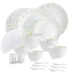 CELLO Tropical Lagoon Dazzle Series Opalware Dinner Set of 37 Pieces For Family of 6 | Bone-Ash Free & Leadfree Opal Glass, Microwave & Dishwasher Safe Plates & Bowls Crockery Set For Dining & Gifting