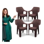 MAHARAJA Plastic Chair Set, Chair for Living Room, Home, Plastic Chair for Home with Arm Rest/Modern Stylish Design with Glossy & Matte Finish Bearing Capacity 200Kg. (Brown, Pack of 4)