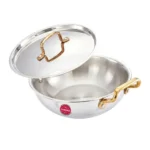 Amazon Brand – Solimo Premium Triply Stainless Steel Kadhai 26cm (3.2L) | SS Lid | Even Heating | Gas & Induction Compatible | Dishwasher Safe | Food Safe SS 304 | Elegant Golden Handles | BIS Certified