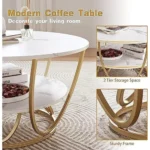Furniture Cafe Modern Round Coffee Table with Faux Marble Top & Gold Metal Frame | 2-Tier Center Table with Storage Shelf | Sofa Side Tea Table for Living Room, Office, Balcony (White & Gold