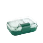 ATTRO Food Bite Kids Plastic Lunch Box – 3 Compartments, 1 Small Container & Spoon, with Stylish Lid BPA-Free, Freezer Safe, Ideal for School, Travel & Outdoor – Green