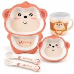 Bamboo Fibre Kids Feeding Set, 5 Piece Baby Feeding Set with Monkey Design Plate, Bowl, Cup, Spoon and Fork, BPA-Free Feeding Set for Toddlers