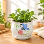 Ceramic Plant Flower Pot Hand-Painted Indoor Office Decorative Table Top Planter for Succulent Plants with Drainage Hole & Saucer | Butterfly Design Ultra Small Size Width 10 cm