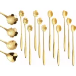 FIDEO Gold Flower Coffee Spoon Set of 4, Stainless Steel Dessert and Tea Spoons with Frosted Handles, Floral Mini Stirring Spoons for Coffee, Tea, Ice Cream and Cake