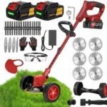 Gras Cuter Machine for Garden, 48V Cordless Machine with 2 Batteries Electric Lawn Trimmer with Wheels, Saw Blades, 6 Metal Blades, Nylon Blades, Safety Glasses & Gloves