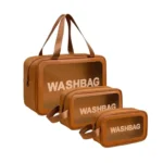 KASHIVAL Clear Travel Toiletry Bags Set, Waterproof Organizer Pouches, Large Capacity Storage Cases for Cosmetics, Accessories, 3 Pack (Brown)