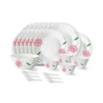 Larah by Borosil Red Mist Fluted Series Opalware Dinner Set | 33 Pieces for Family of 6 | Microwave & Dishwasher Safe | Bone-Ash Free | Crockery Set for Dining & Gifting | Plates & Bowls | White
