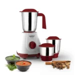 Maharaja Whiteline 500W Mixer Grinder with 3 Stainless Steel Jars with lid and 20,000 RPM Motor Speed (White & Cherry Red)