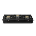 Prestige Iris 3 Burner Gas Stove | Toughened Glass Top | Tri-Pin Brass Burners | Ergonomic Knob | Black | 2Y Warranty | ISI Certified