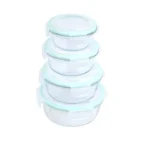Signoraware Lock N Store Borosilicate Glass Round Container | Airtight & Leakproof | Stain Resistant | Microwave Safe | Ideal for kitchen and lunch packing (400ml+620ml+950ml+1.3Ltr | Setof4 |Clear)