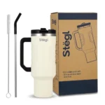 Stegl 1.2L Stainless Steel Tumbler with Handle & Reusable Straw | Double-Wall Insulated Travel Cup with Lid | Vanilla Mist