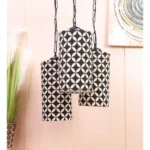 tu casa Pendant/Hanging Light Lamps Black Metal Base with Black/White Cotton (Geometric Print) Shades for Home Décor, Bedrooms, Living Room, Gifting, Diwali, Dining Space, Restaurants (H-23)